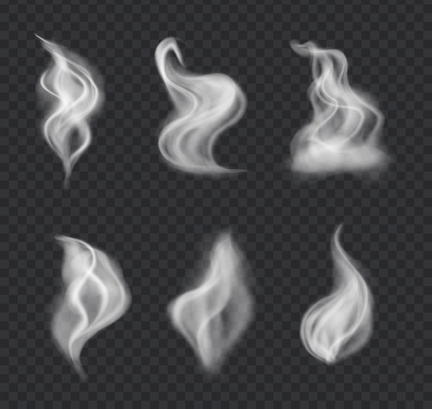 Smoke vector collection isolated transparent background set of realistic white smoke steam waves fro