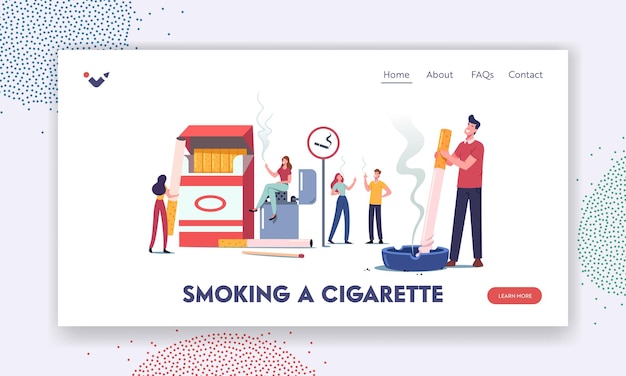 Smoker Characters Bad Habit Landing Page Template. Smoking Addiction Concept. Young Tiny People Smoke near Huge Cigarettes Box and Lighter in Public Place with Ashtray. Cartoon Vector Illustration