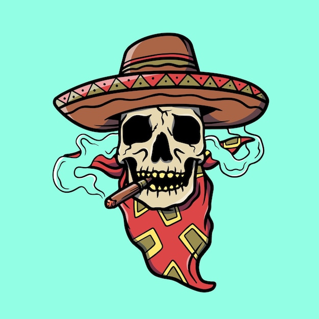 Smoking skull with hat old school tattoo illustration