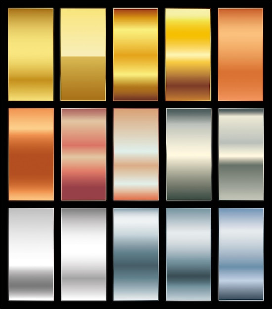 Vector smooth golden premium gradient swatches palette set vector background of gold platinum bronze co