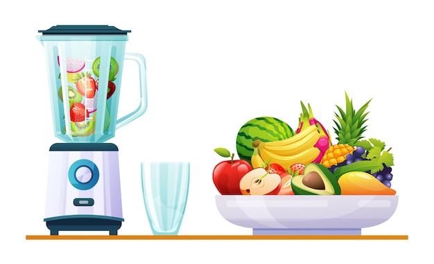 Smoothie in blender mixer with various fresh fruits illustration