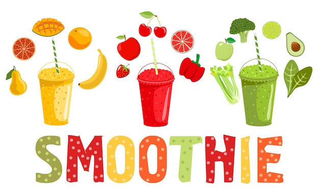 Vector smoothie fruits and vegetables cartoon smoothies in a flat style orange strawberry berry smoothie