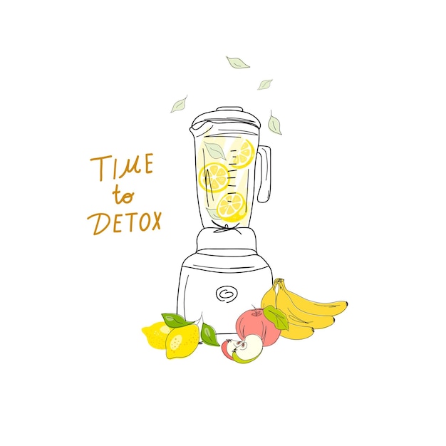 Smoothies or detox cocktail day poster in doodle style Food processor mixer blender with fruits