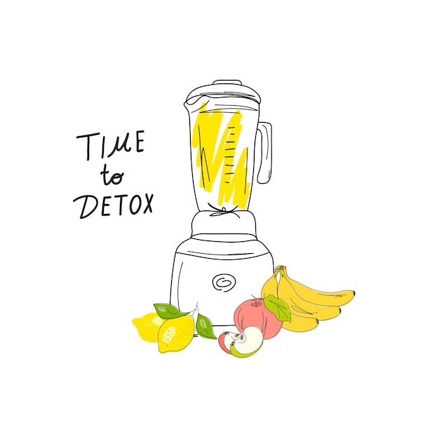 Smoothies or detox cocktail day poster in doodle style Food processor mixer blender with fruits