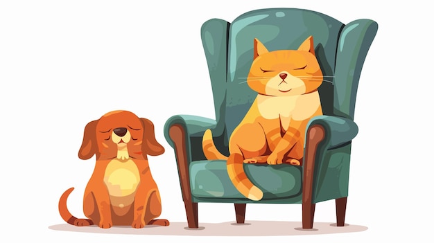 Smug Cat Sitting on Armchair with Unhappy Dog