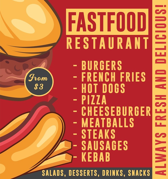 Snack bar menu design Fast food restaurant promo flyer vector