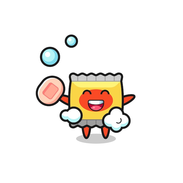 Snack character is bathing while holding soap , cute style design for t shirt, sticker, logo element