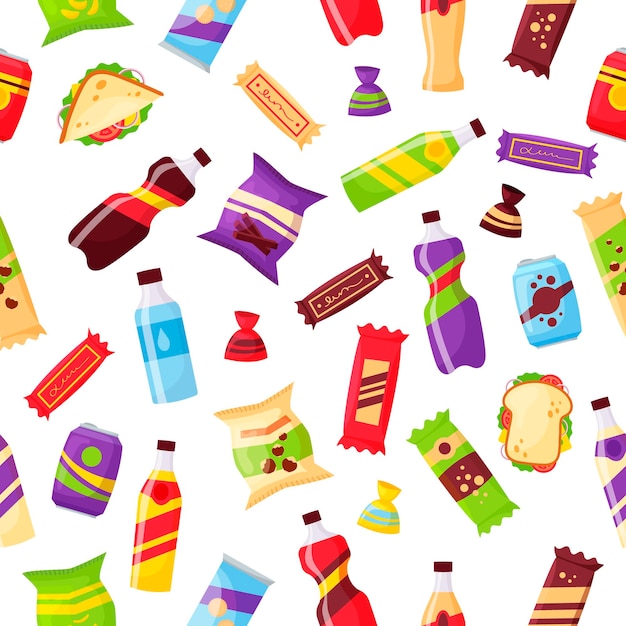 Snack fast food and drinks products seamless pattern Beverage bottles sandwich soda and juice Food store elements pattern cartoon style vector