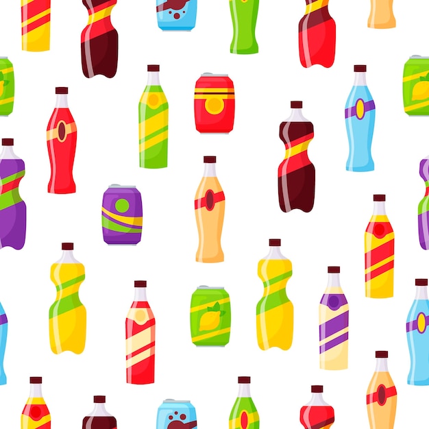 Snack fast food and drinks products seamless pattern beverage bottles soda and juice food store elem