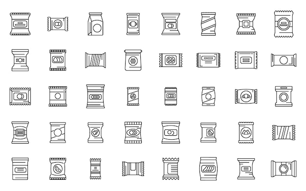 Snack pack icons set outline vector Candy bag