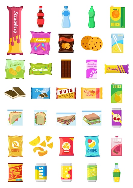 Snack product set fast food snacks drinks nuts chips cracker juice sandwich isolated on white background Unhealthy junk food Flat illustration in vector