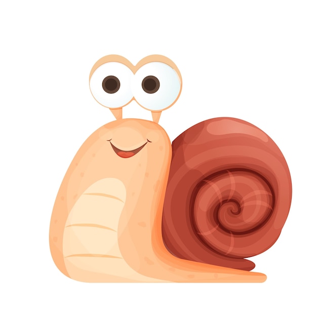 Snail funny cheerful and smiling character with shell in cartoon style