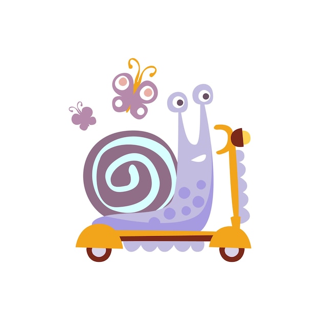 Snail Riding A Scooter Stylized Fantastic Illustration