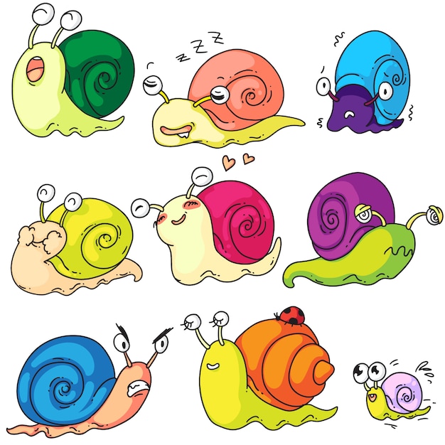 Snail set. Cute cartoon snail character and mollusk kid with shell set  on white background. Funny creature showing different emotion. Snail-paced slug mascot  illustration