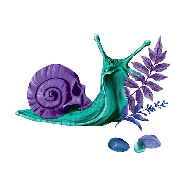 Snail, skull, stones and leaves. Vector illustration for esoteric and halloween. Composition for greeting cards, holiday banners, flyers, covers.