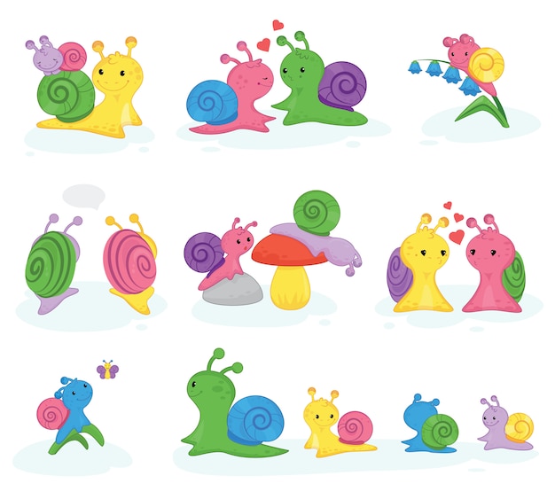 Snail vector snail-shaped character with shell and cartoon snailfish or snail-like mollusk kids illustration set of lovely couple of snail-paced slugs isolated