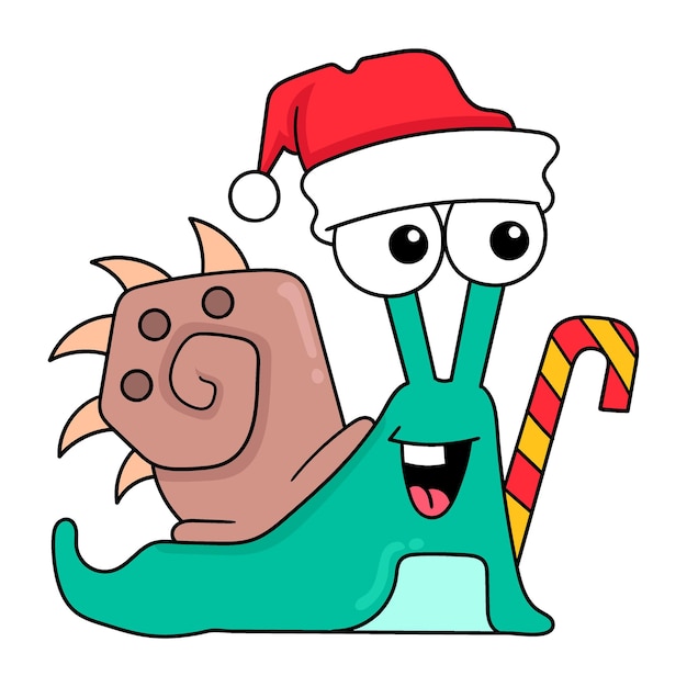 A snail wearing a christmas outfit carrying a candy cane doodle icon image kawaii