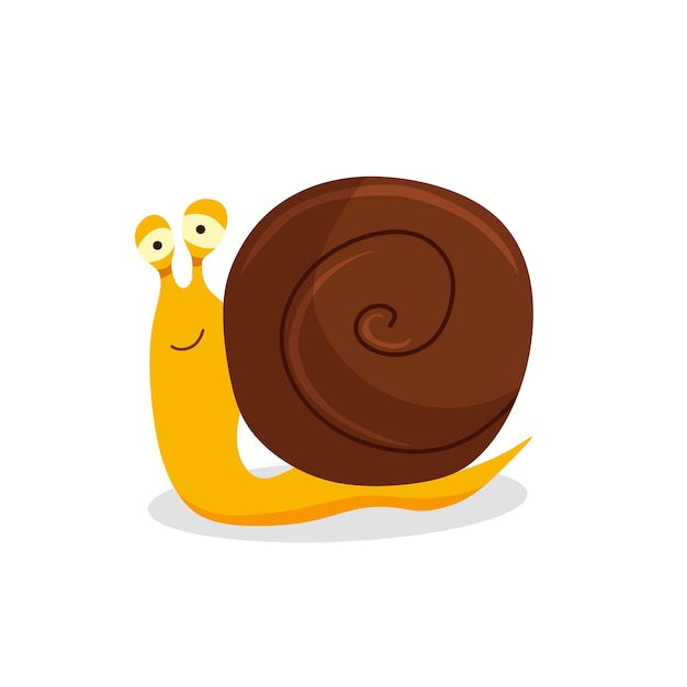 A snail with a round shell crawls and smiles. Vector cartoon illustration.