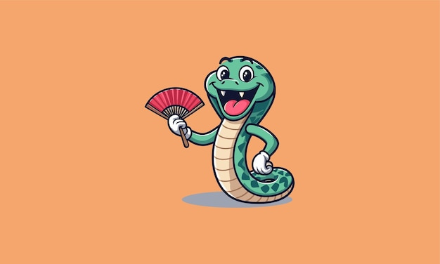 The snake character smiles broadly while holding a fan in his hand vector mascot design