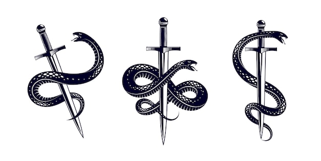 Snake and Dagger, Serpent wraps around a sword vector vintage tattoo, Life is a Fight concept, allegorical logo or emblem of ancient symbol.