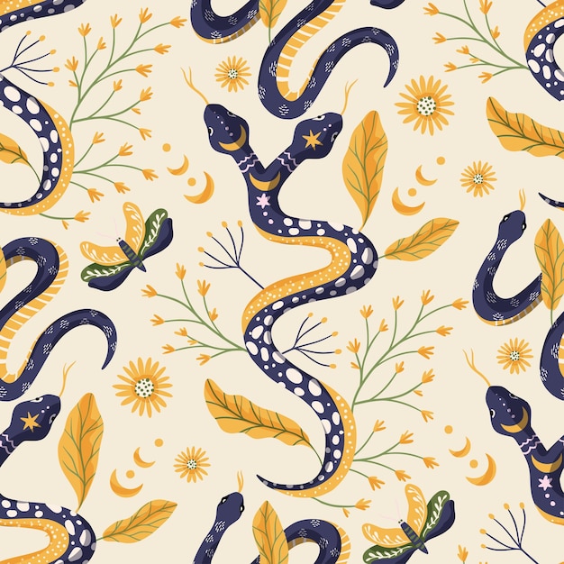 Snake floral seamless pattern Vector flower magic mystic boho background