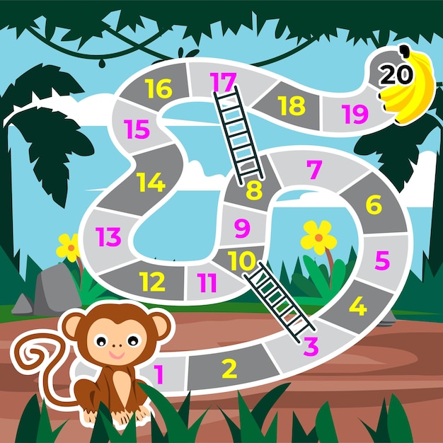 Snake and ladder board game with background cartoon monkey in jungle