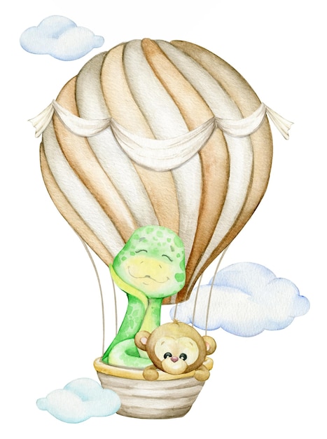 Snake monkey flying in a balloon surrounded by clouds Watercolor concert in cartoon style on an isolated background