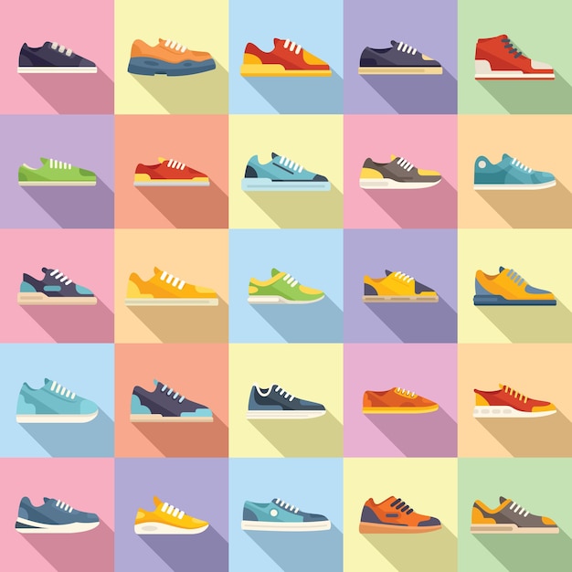 Sneakers icons set flat vector. Girl shoe. Fitness walk