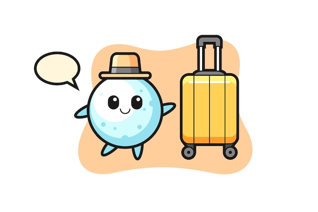 Snow ball cartoon illustration with luggage on vacation, cute style design for t shirt, sticker, logo element