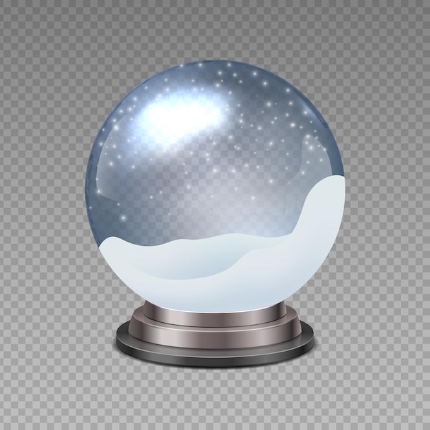 Snow ball Realistic Christmas snowglobe on transparent background 3D blank souvenir with white snowflakes Scratched surface of textured glass sphere Vector decorative Xmas toy mockup