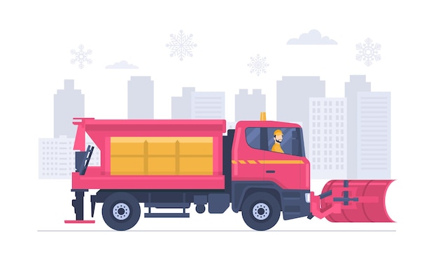 Snow blower truck with driver against the background of an abstract cityscape. Vector illustration.