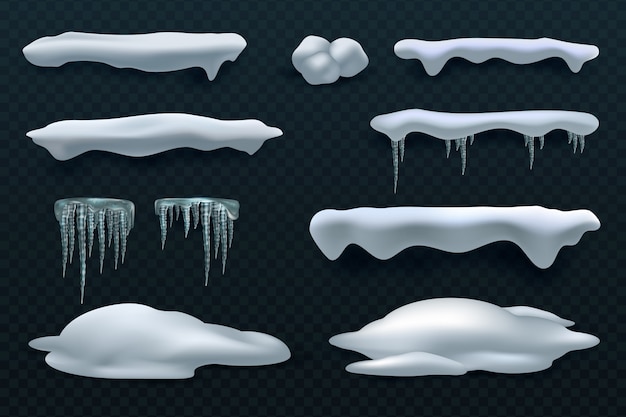 Snow caps and icicles. Snowball and snowdrift vector winter decorations 