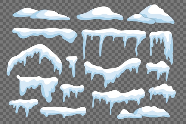 Snow caps with icicles isolated elements set in flat design Bundle of different shapes snowcaps snowdrifts and snowy ice on roofs Seasonal weather frames and winter borders Vector illustration