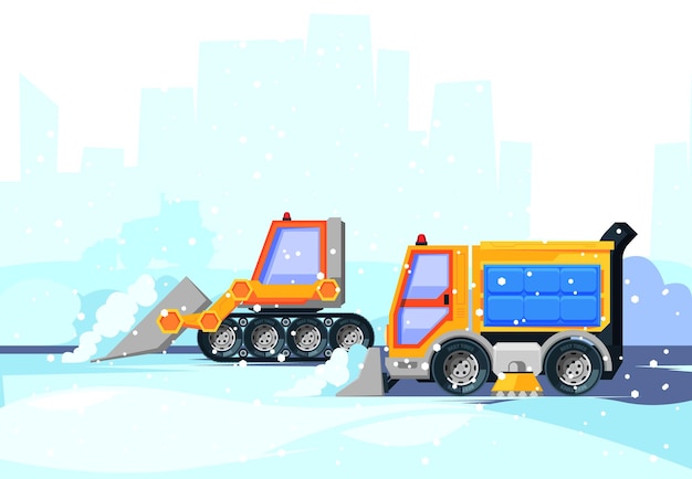 Snow cleaning city Plowed snow blizzard urban services special vehicle on roads tracks with plow garish vector cartoon background