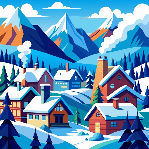 Vector a snow covered landscape with a village and mountains in the background