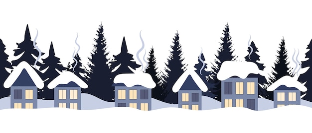 Snow-covered rural houses with fir trees. Winter background, seamless border, vector