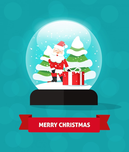 Vector snow globe santa claus gift with new year trees flat cartoon