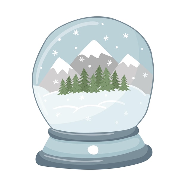 A snow globe with mountains snowdrifts forests and snowflakes Handdrawn flat Christmas attribute design element isolated on a white background Handdrawn flat style Color vector illustration