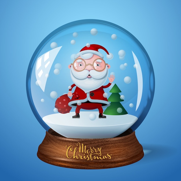 Snow globe with Santa Claus and Christmas tree on blue background.