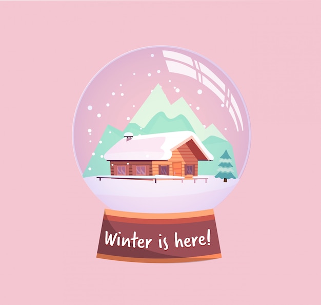 snow globe with a small house, mountains and fir-tree