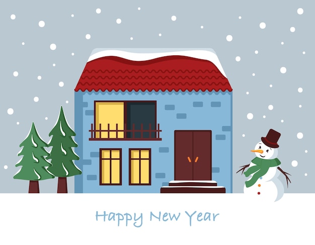 Vector snow house on christmas card. winter landscape with snowflakes, snowman and fir trees on blue background. happy new year greeting card