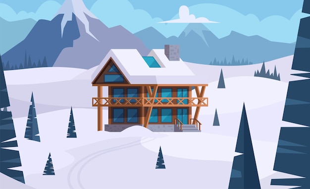 Snow house Travel vacation in winter mansion in mountains Vector cartoon background