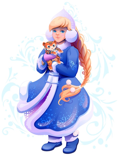 Snow Maiden Snegurochka hold small tiger in her hands symbol of 2022