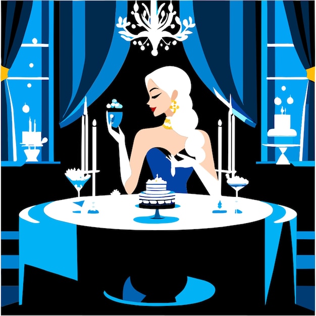 Vector the snow queen at the table at her birthday party in a decorated room blue tones vector