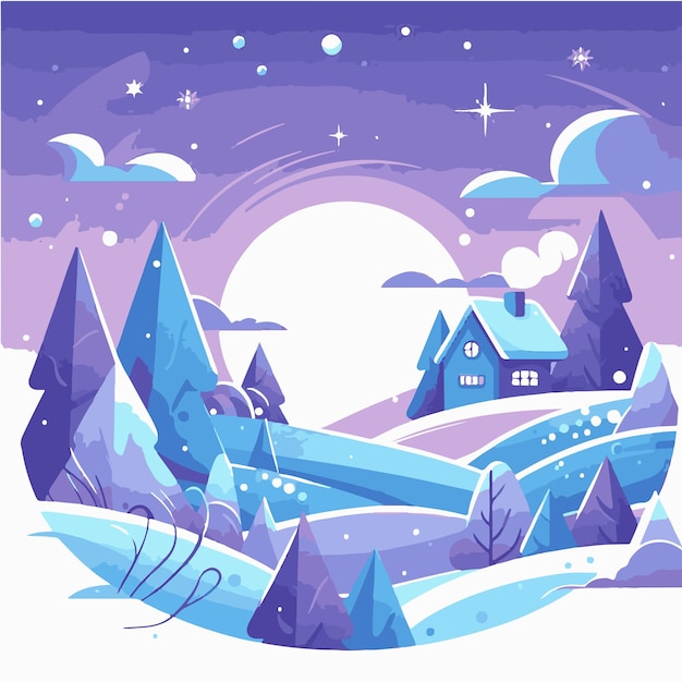 Vector a snow scene with a house and trees and a moon