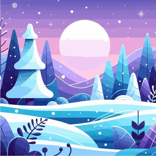 Vector a snow scene with a snowman and trees