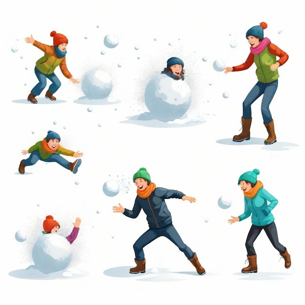 Vector snowball fight vector set white background isolated a high