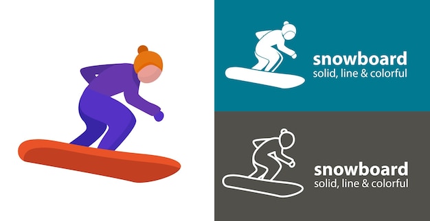 Snowboard isolated vector flat icon silhouette line solid design element