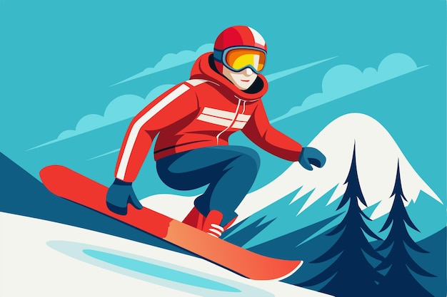 A snowboarder dressed in a bright red jacket and helmet carves through fresh snow beneath a clear blue sky Snowboarder in red jacket and helmet riding on snowboard