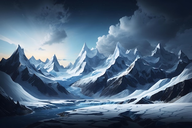 Vector snowcovered dragon mountain from fantasy oil painting landscape made with brushstrokes on canvas